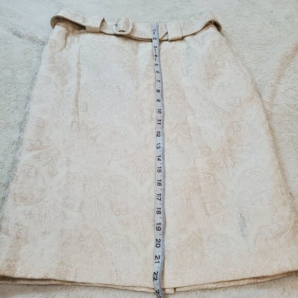 Ann Taylor Cream Ivory Gold Metallic Shimmer Damask Belt Pencil Skirt Women 2 - Picture 7 of 10